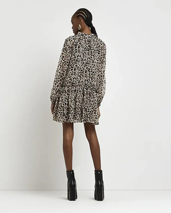 Brown animal print smock mini dress