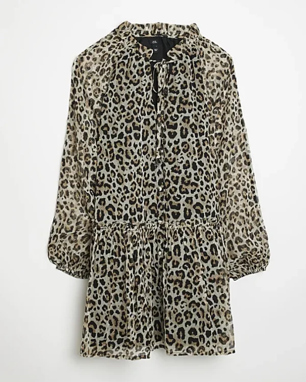 Brown animal print smock mini dress