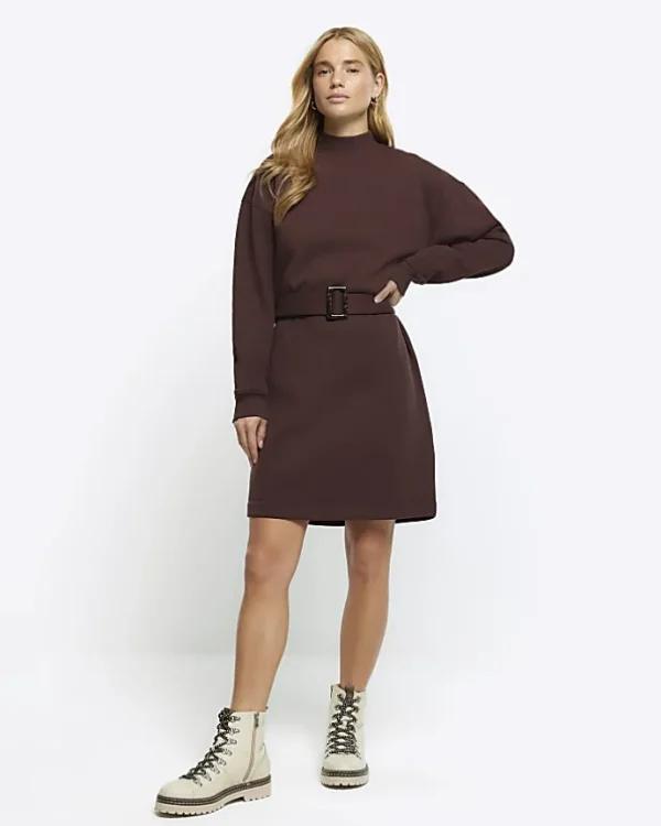 Brown Belted Sweatshirt Mini Dress