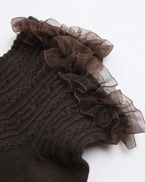 Brown cable knit frill ankle socks