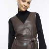 Brown faux leather pinafore mini dress