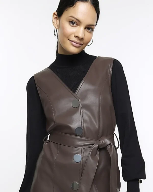 Brown faux leather pinafore mini dress