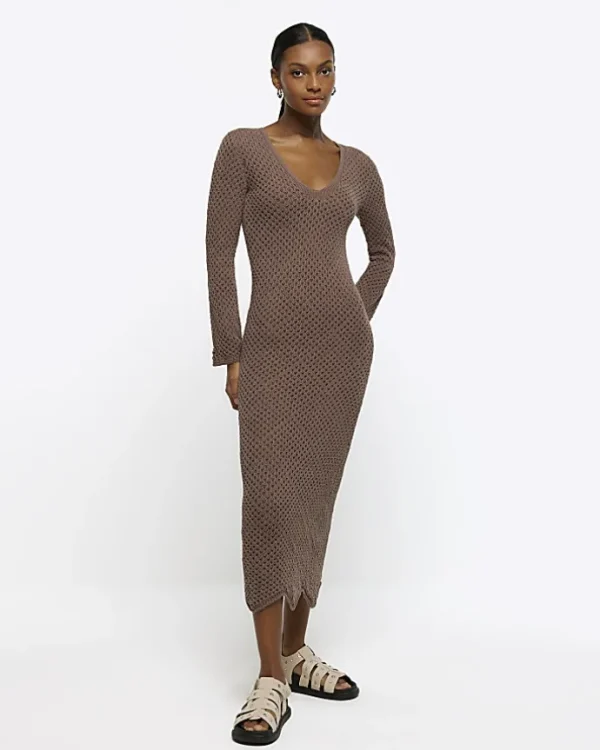 Brown knit bodycon maxi dress