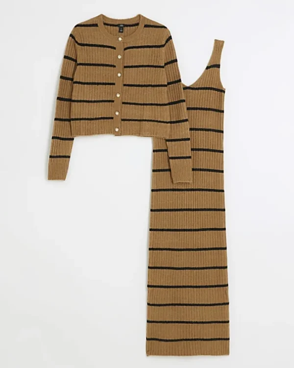 Brown knit stripe bodycon midi dress set