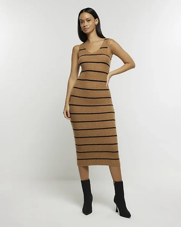 Brown knit stripe bodycon midi dress set