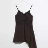 Brown lace trim asymmetric slip mini dress