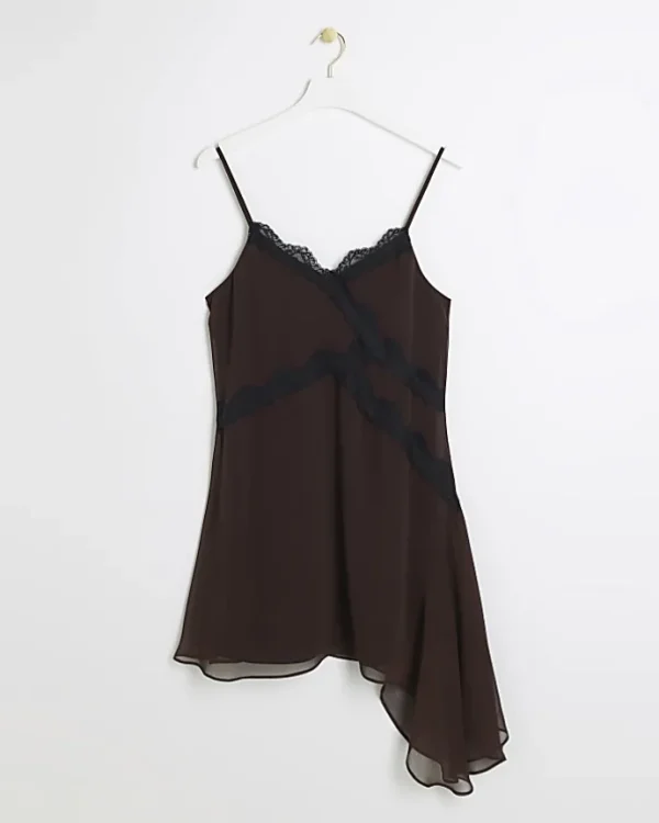 Brown lace trim asymmetric slip mini dress