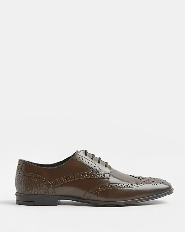 Brown lace up leather brogue derby shoes