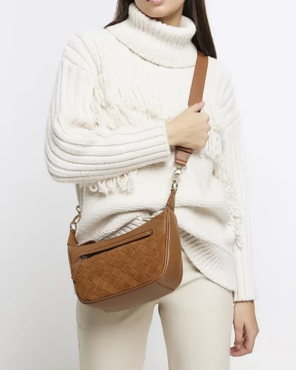 Brown leather weave cross body bag