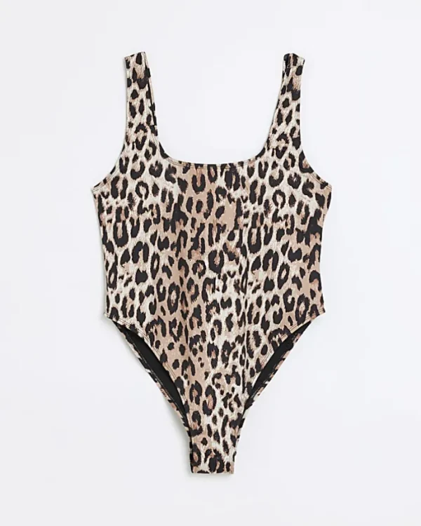 Brown leopard print scoop swimsuit