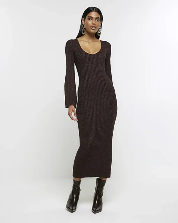 Brown long sleeve jumper midi dress