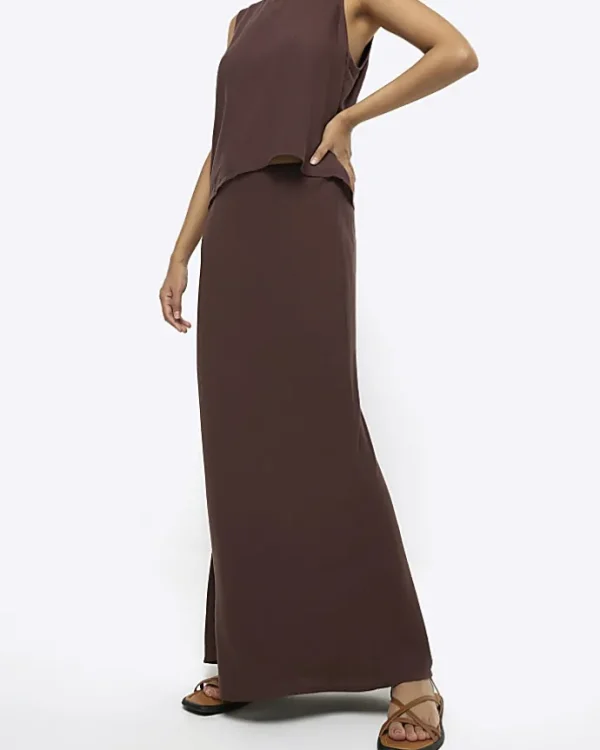 Brown maxi bias skirt with linen