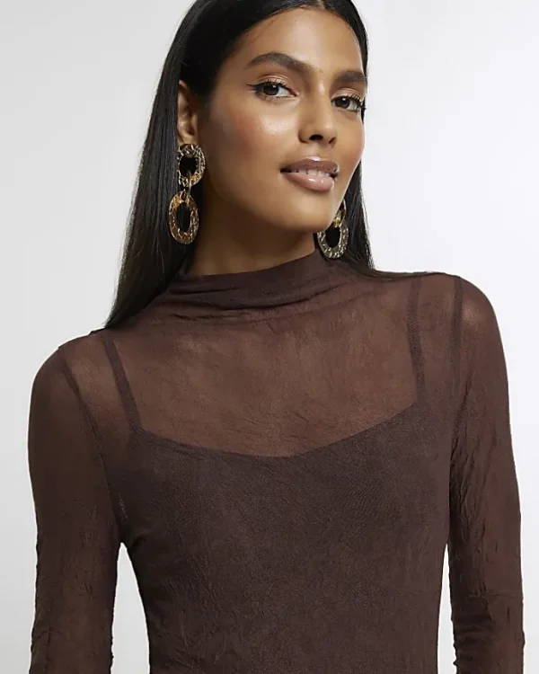 Brown mesh bodycon maxi dress