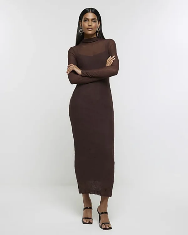 Brown mesh bodycon maxi dress