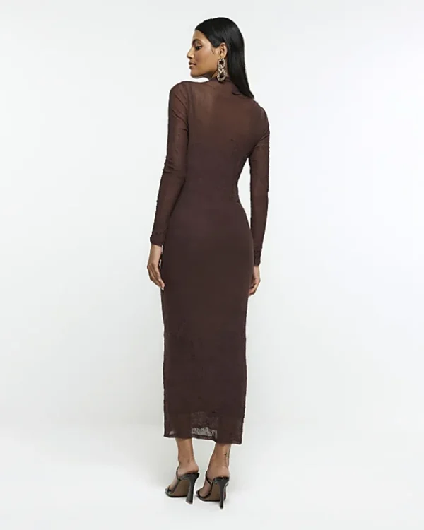 Brown mesh bodycon maxi dress