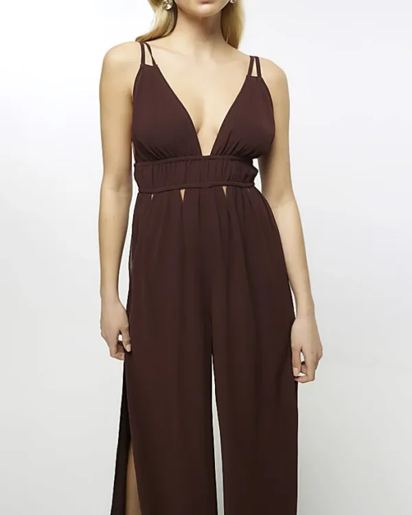 Brown Plunge Cut Out Jumpsuit