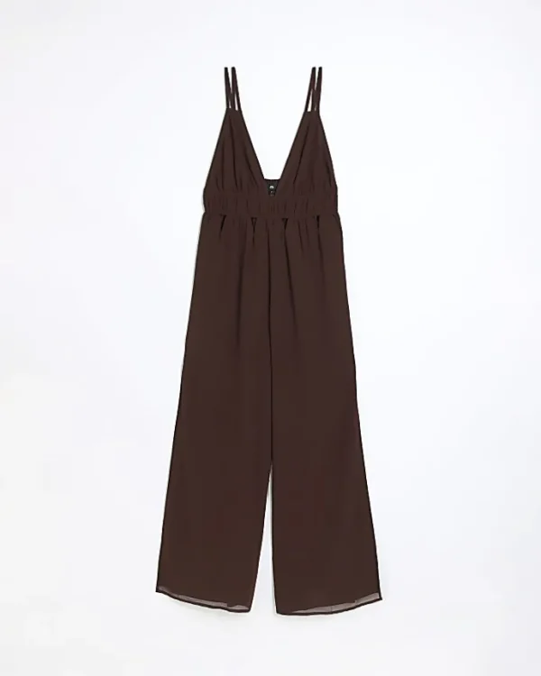 Brown Plunge Cut Out Jumpsuit