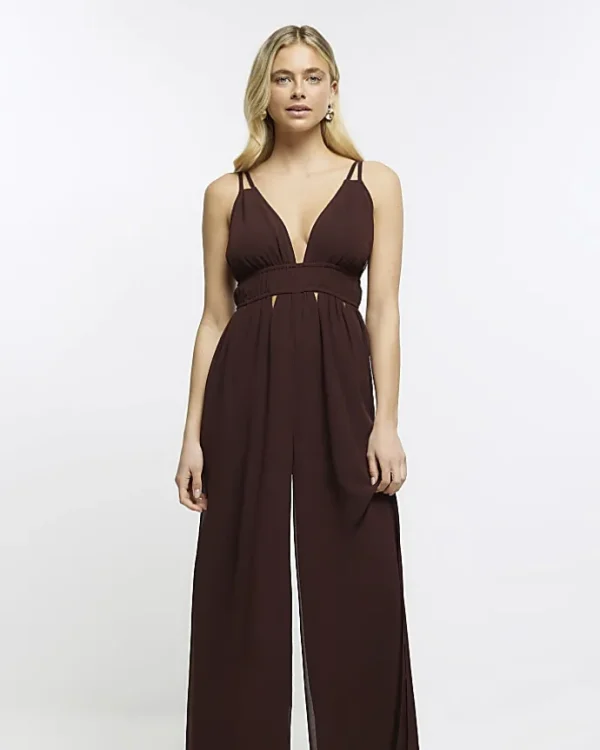 Brown Plunge Cut Out Jumpsuit