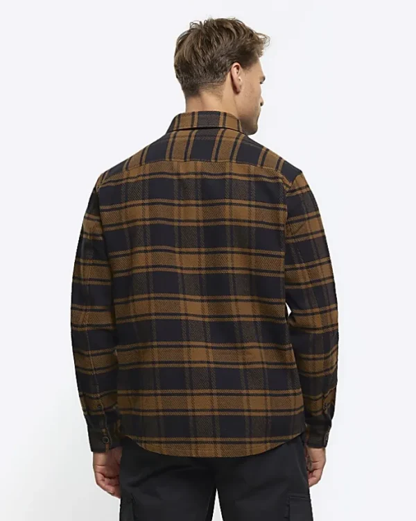 Brown regular fit check long sleeve shirt