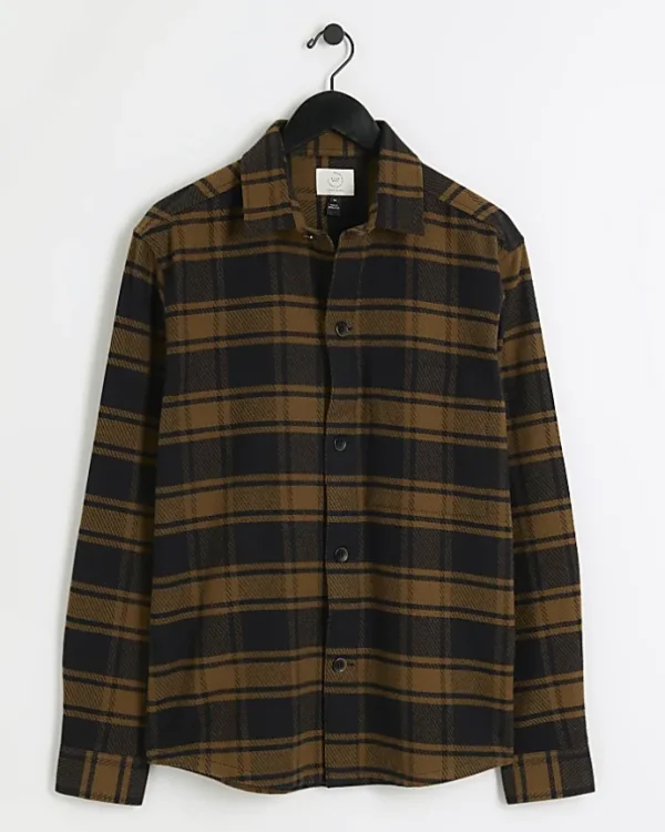 Brown regular fit check long sleeve shirt