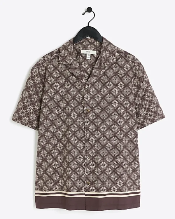 Brown regular fit geometric revere shirt