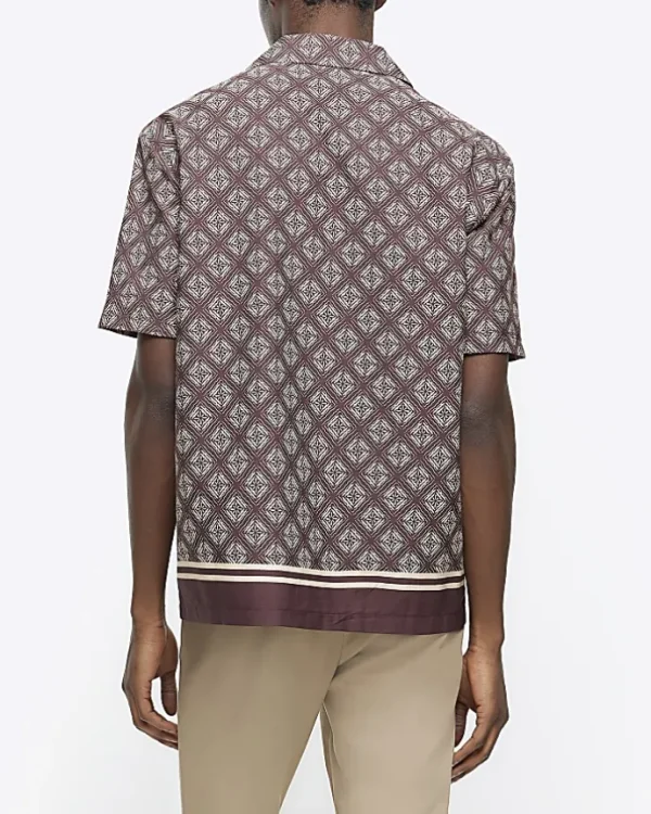 Brown regular fit geometric revere shirt