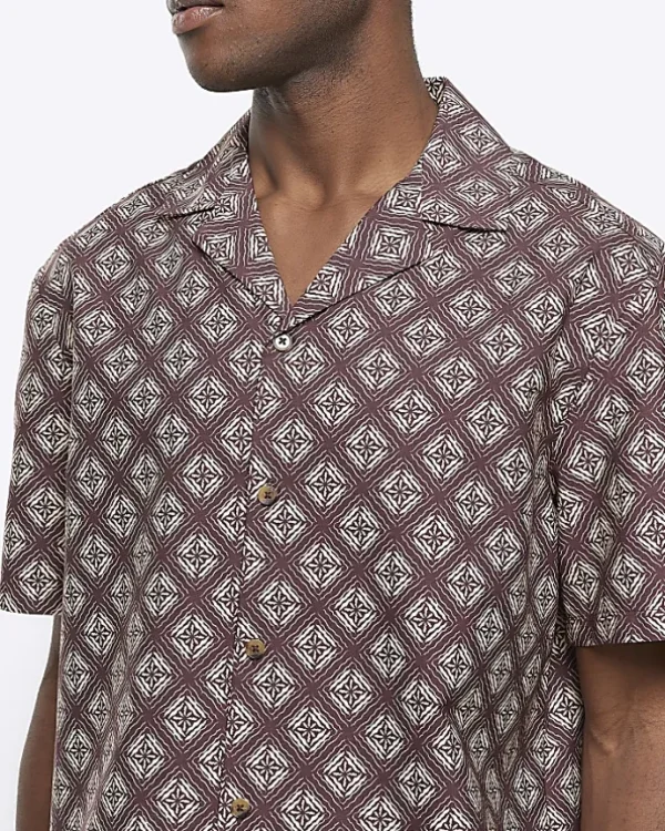 Brown regular fit geometric revere shirt