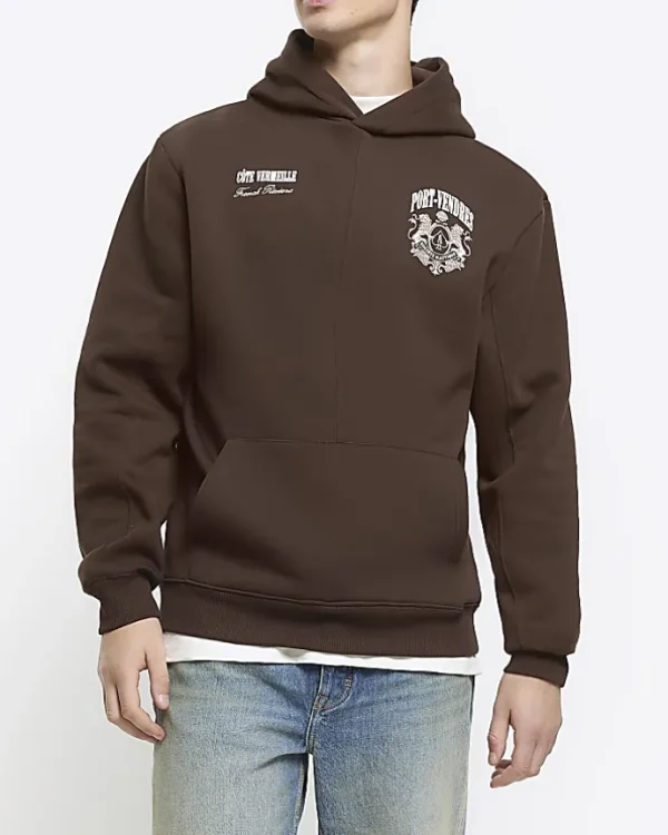 Brown regular fit graphic hoodie