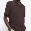 Brown regular fit seersucker revere shirt