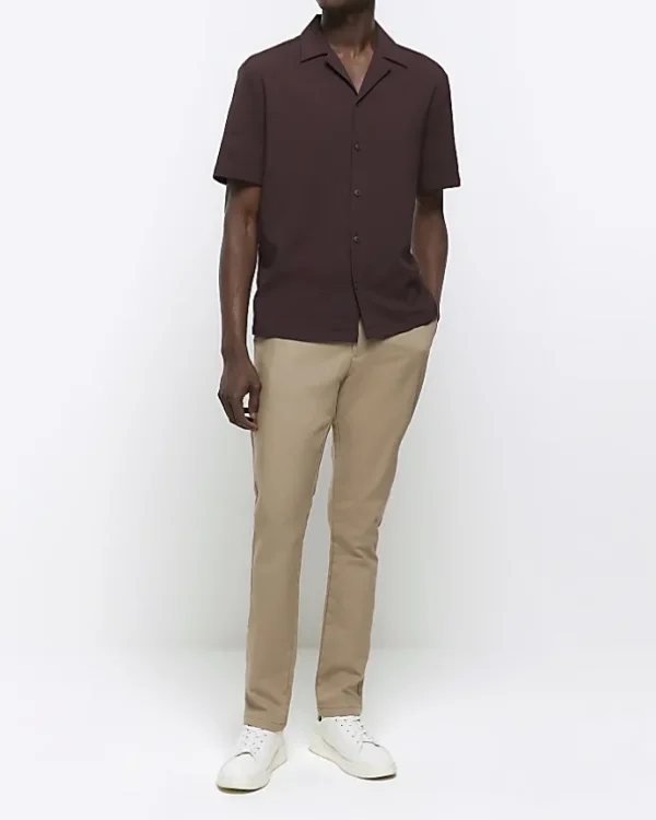 Brown regular fit seersucker revere shirt