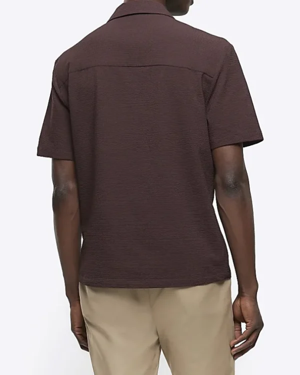 Brown regular fit seersucker revere shirt