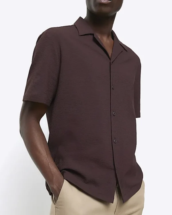 Brown regular fit seersucker revere shirt