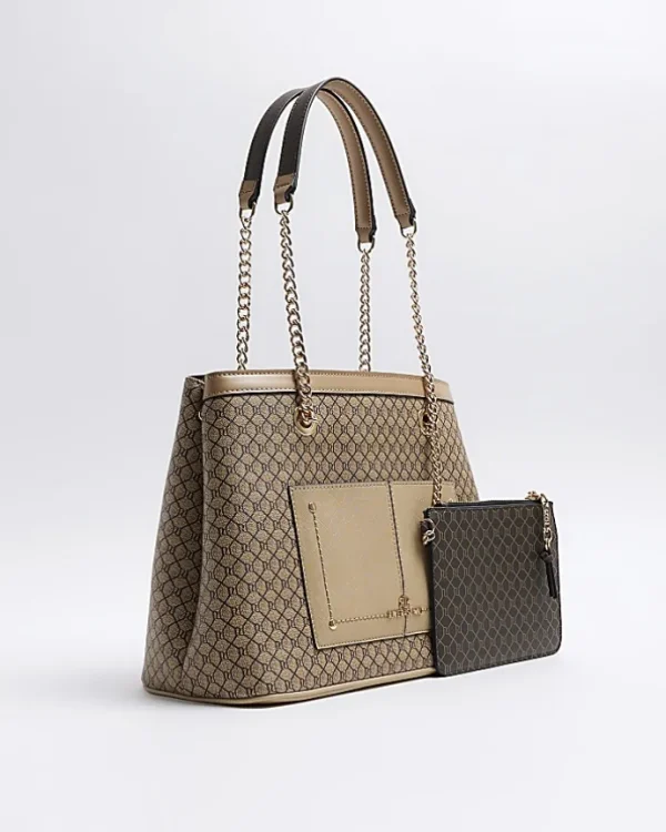 Brown RI monogram pocket tote bag