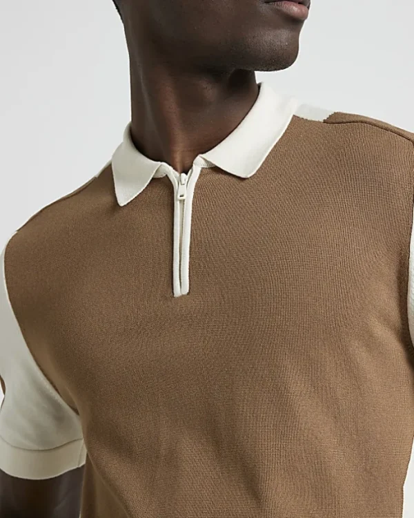 Brown slim fit colour block knitted polo