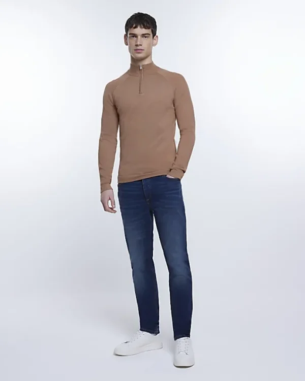 Brown slim fit knitted half zip jumper