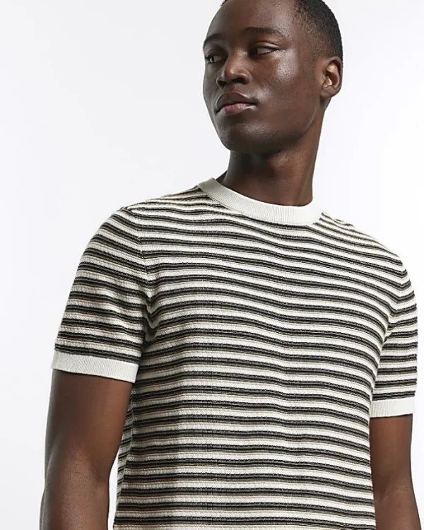 Brown slim fit stripe knitted t-shirt