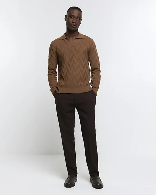 Brown slim fit textured knit long sleeve polo