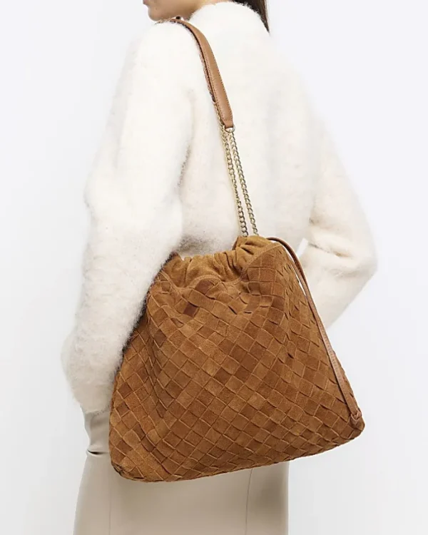 Brown suede weave slouch tote bag