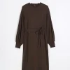 Brown tie waist sweatshirt midi dress