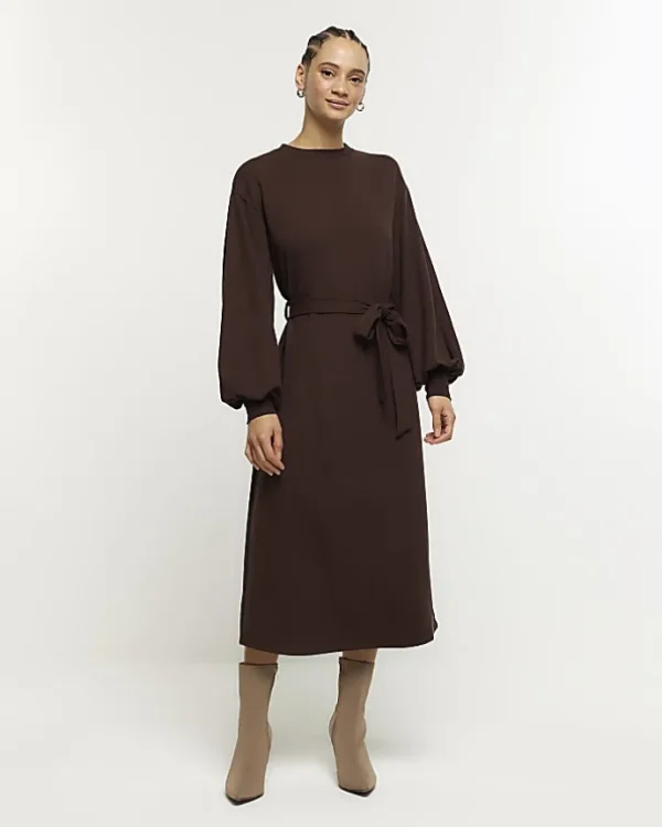 Brown tie waist sweatshirt midi dress