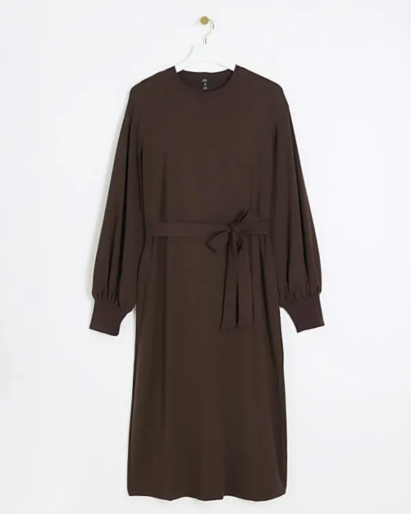 Brown tie waist sweatshirt midi dress