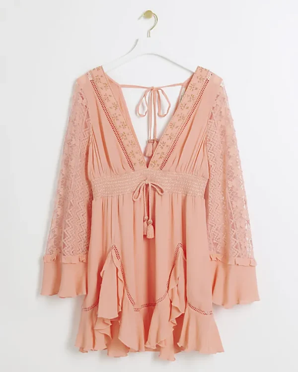 Coral broderie plunge beach mini dress