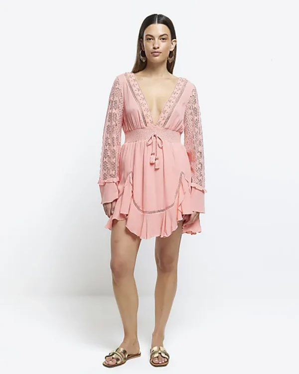 Coral broderie plunge beach mini dress