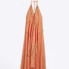 Coral embellished plunge beach maxi dress