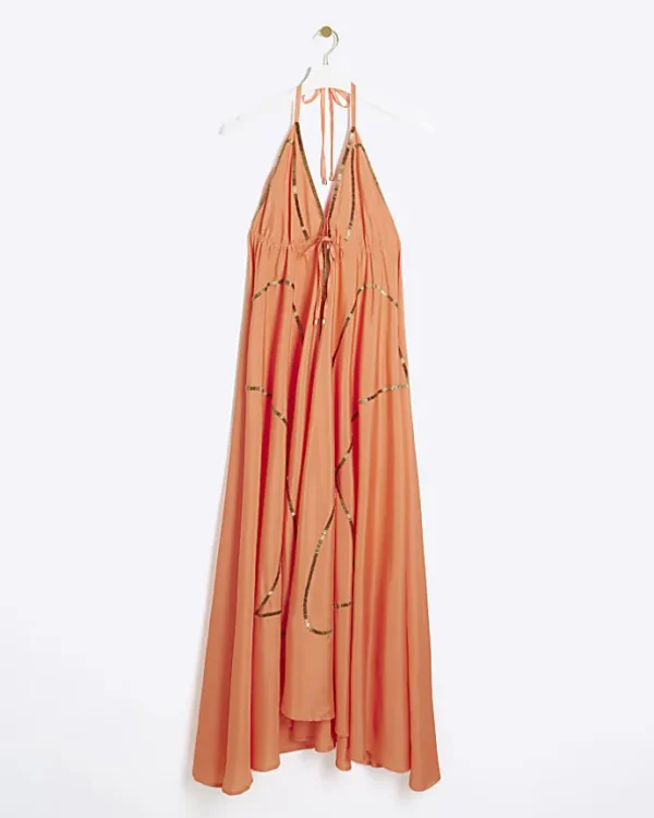 Coral embellished plunge beach maxi dress