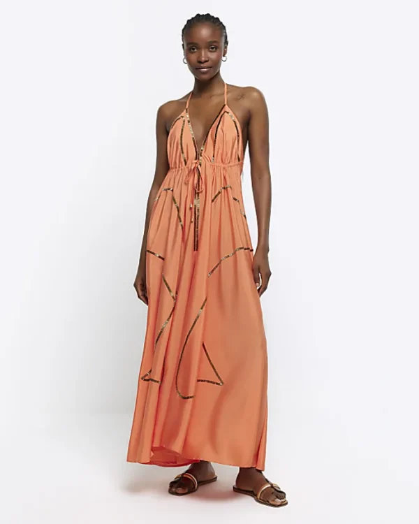 Coral embellished plunge beach maxi dress