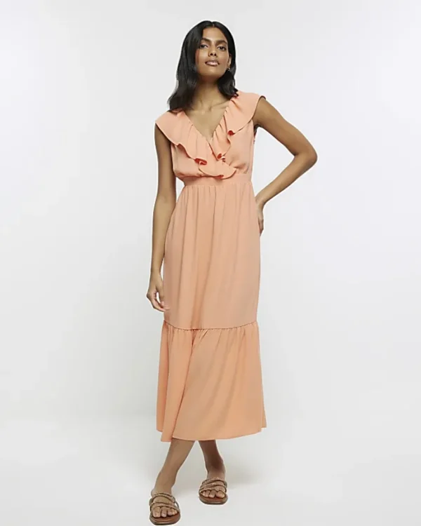 Coral frill swing maxi dress