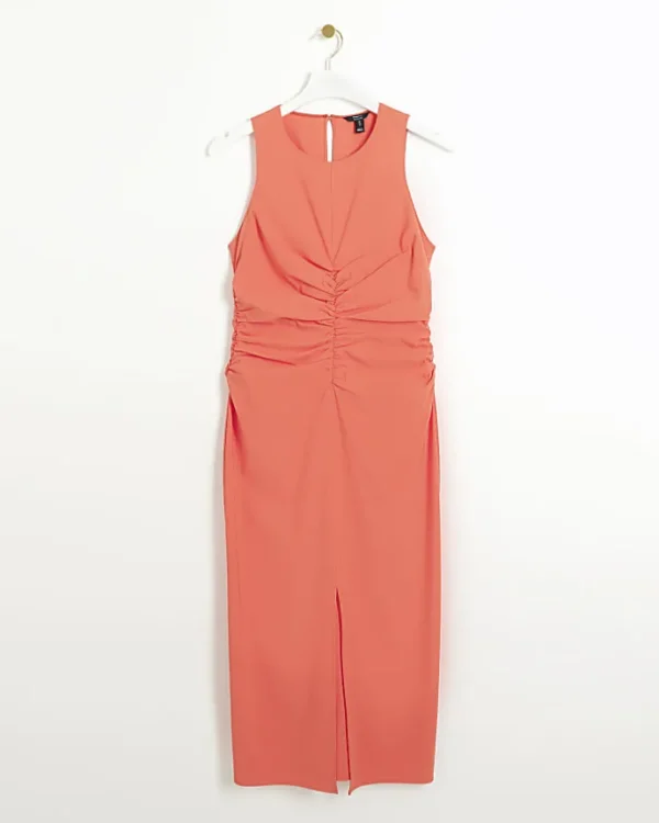 Coral ruched split bodycon midi dress