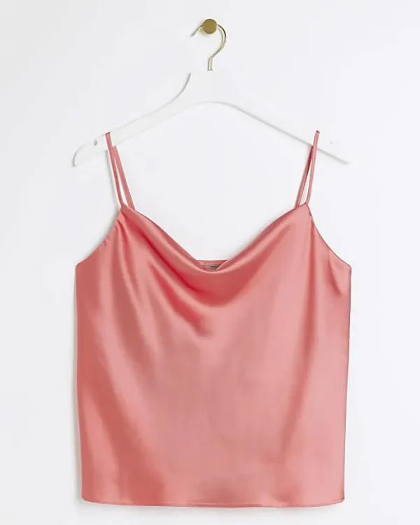 Coral satin cowl neck cami top