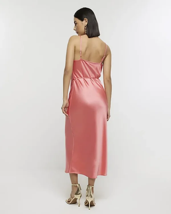 Coral satin cowl neck slip midi dress